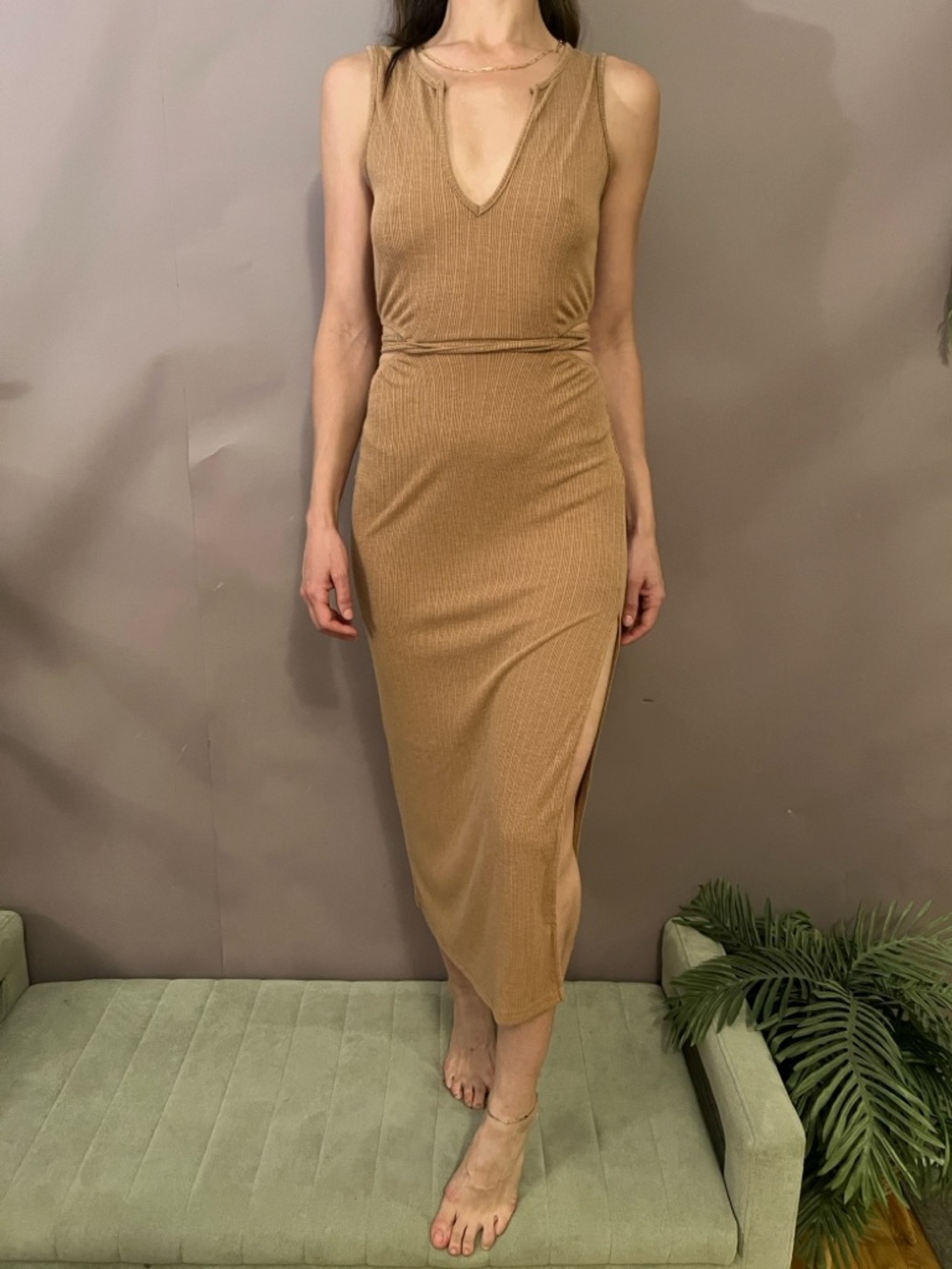 SHEIN Tan Ribbed V-Neck Sleeveless Midi Dress with Side Slit
